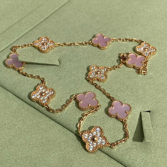 [Rose Tomorrow]CLOVER 10 MOTIFS DIAMOND PINK MOP NECKLACE
