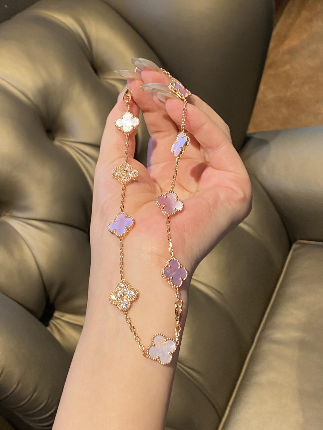 [Rose Tomorrow]CLOVER 10 MOTIFS DIAMOND PINK MOP NECKLACE