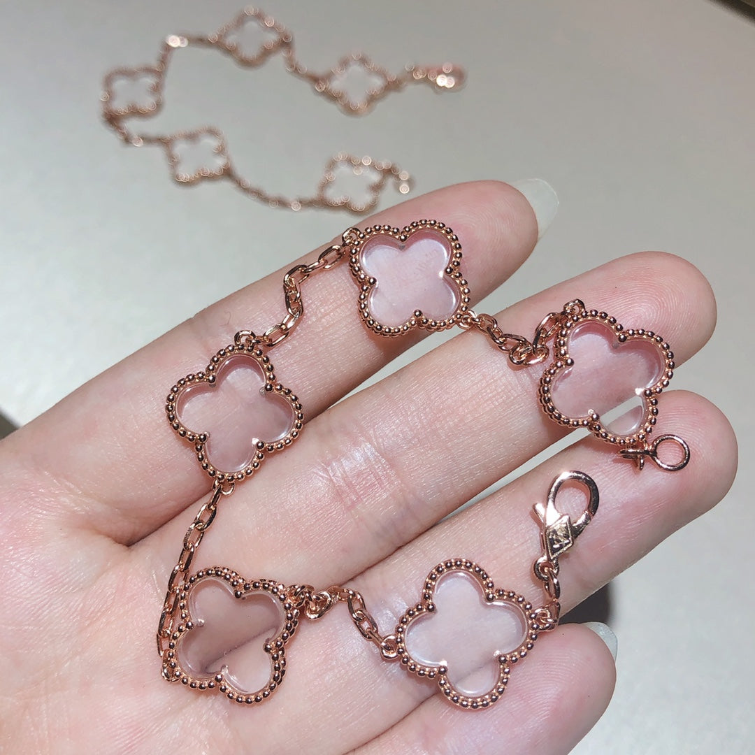 [Rose Tomorrow]CLOVER 5 MOTIF ROCK CRYSTAL PINK GOLD BRACELET