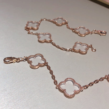 [Rose Tomorrow]CLOVER 5 MOTIF ROCK CRYSTAL PINK GOLD BRACELET