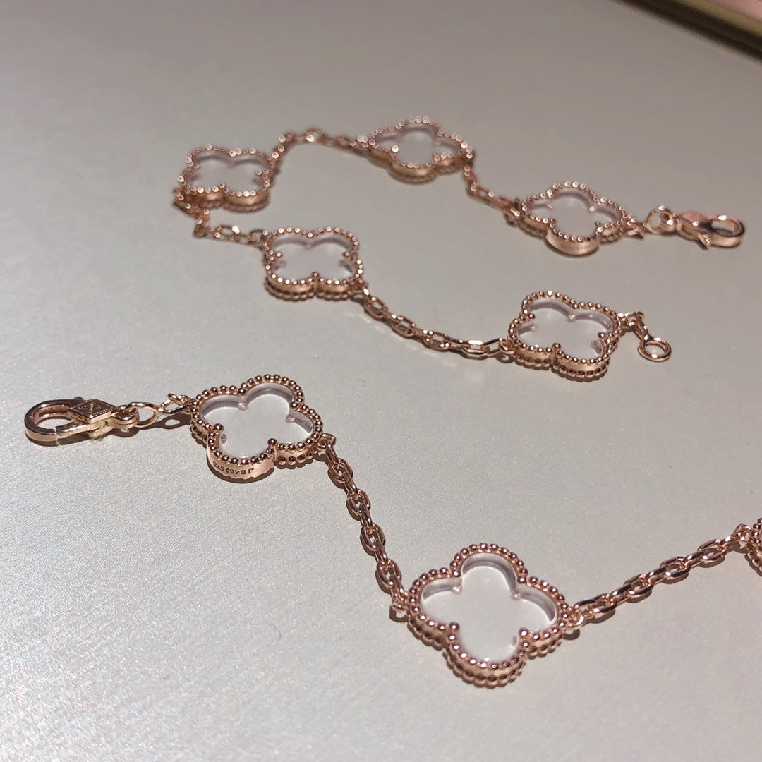 [Rose Tomorrow]CLOVER 5 MOTIF ROCK CRYSTAL PINK GOLD BRACELET