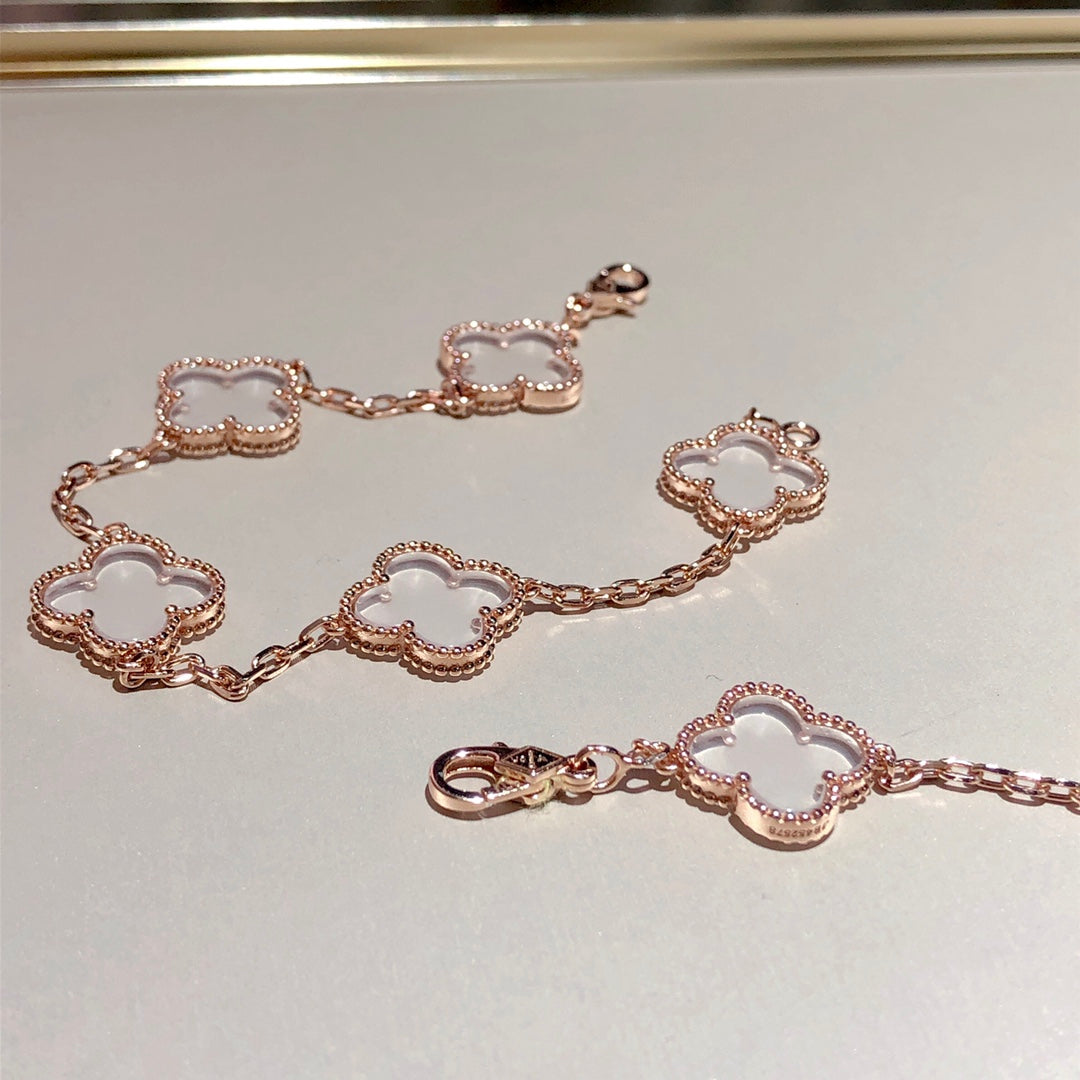 [Rose Tomorrow]CLOVER 5 MOTIF ROCK CRYSTAL PINK GOLD BRACELET
