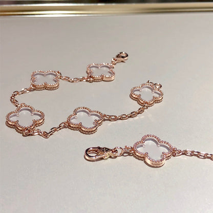 [Rose Tomorrow]CLOVER 5 MOTIF ROCK CRYSTAL PINK GOLD BRACELET