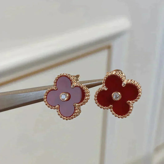 [💎ROSE💎]CLOVER MEDIUM 1 MOTIFS CARNELIAN  DIAMOND earrings