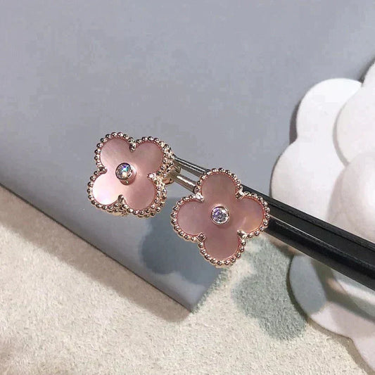 [💎ROSE💎]CLOVER MEDIUM 1 MOTIFS  PINK MOP DIAMOND EARRINGS
