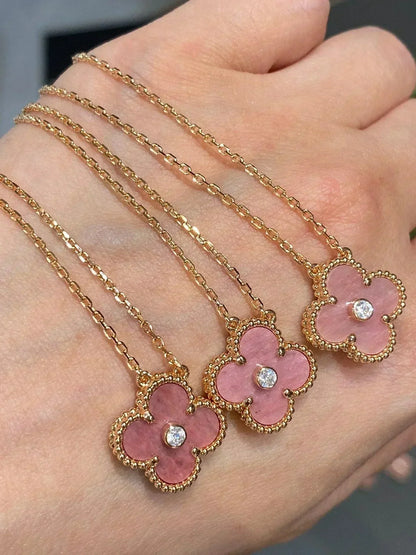 [💎ROSE💎]CLOVER 15MM DIAMOND RHODONITE NECKLACE