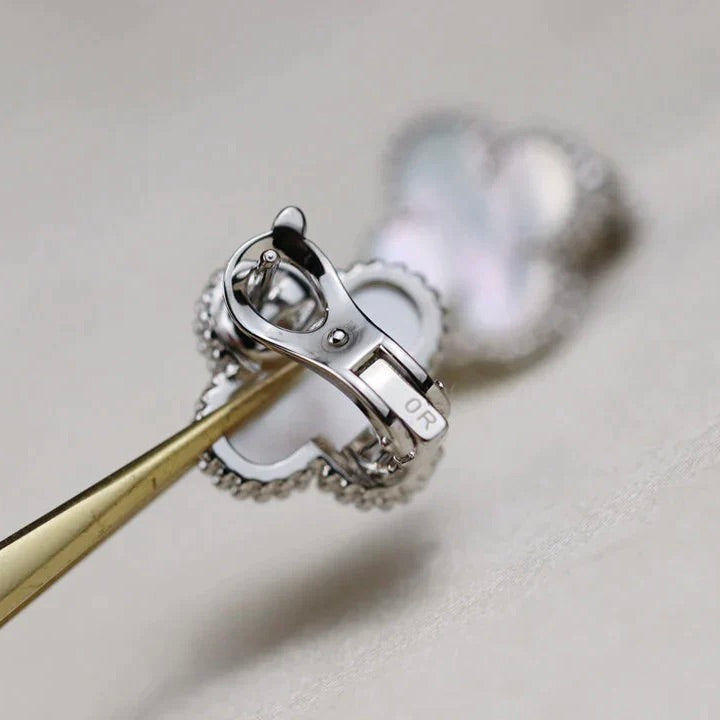 [💎ROSE💎]CLOVER MEDIUM 1 MOTIFS  WHITE MOP EARRINGS SILVER
