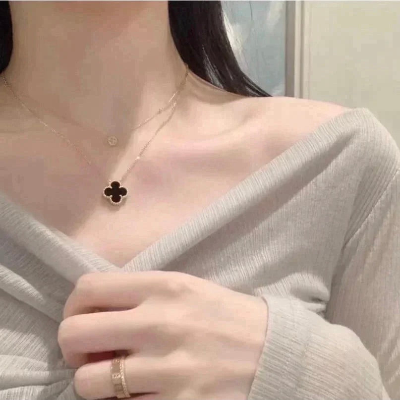 [💎ROSE💎]CLOVER 15MM BLACK ONYX SINGLE FLOWER NECKLACE