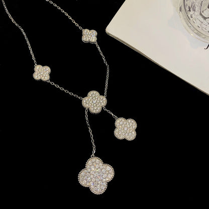 [💎ROSE💎]CLOVER 5 MOTIFS SILVER DIAMONDS NECKLACE