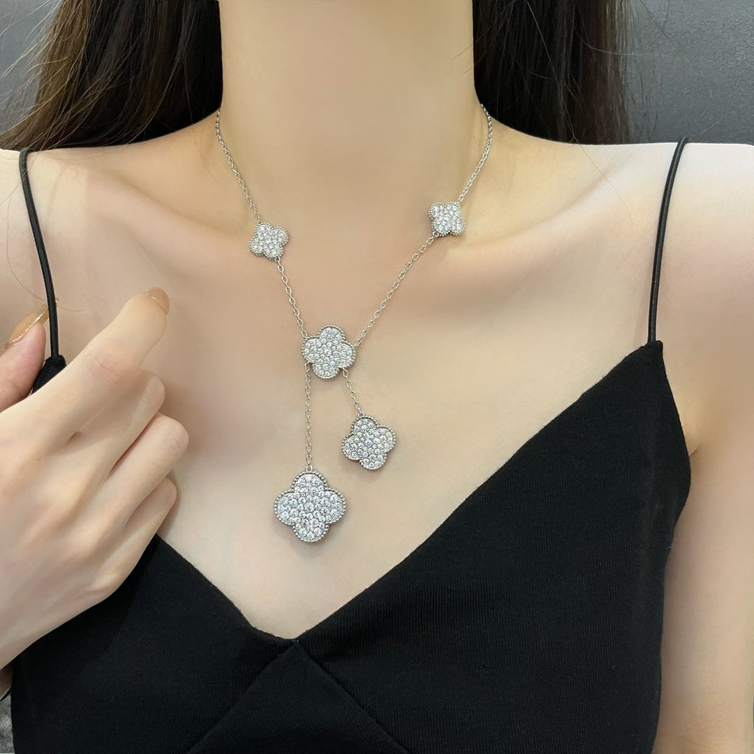 [💎ROSE💎]CLOVER 5 MOTIFS SILVER DIAMONDS NECKLACE