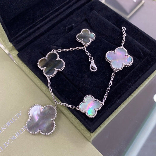 [💎ROSE💎]CLOVER 5 MOTIFS SIVLER DARK MOP BRACELET