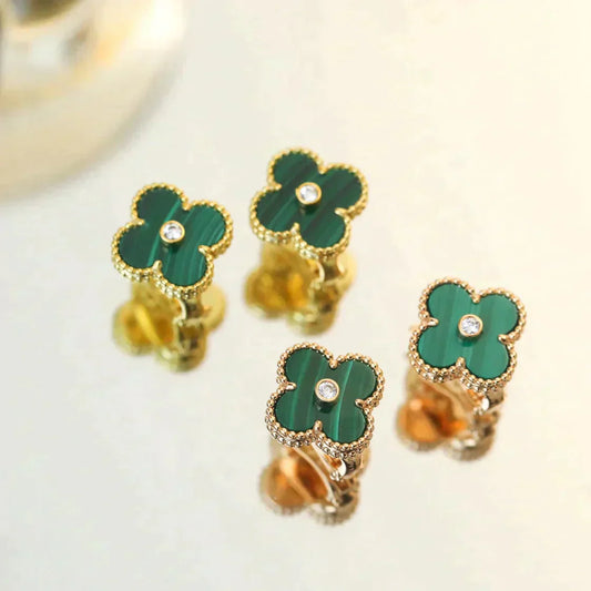 [💎ROSE💎]CLOVER MEDIUM 1 MOTIFS MALACHITE DIAMOND EARRINGS