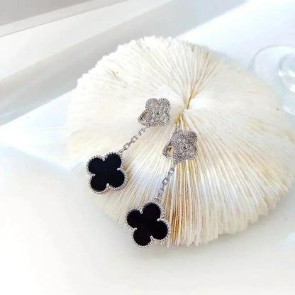 [Rose Tomorrow]CLOVER 2 MOTIFS  DIAMOND ONYX EARRINGS SILVER