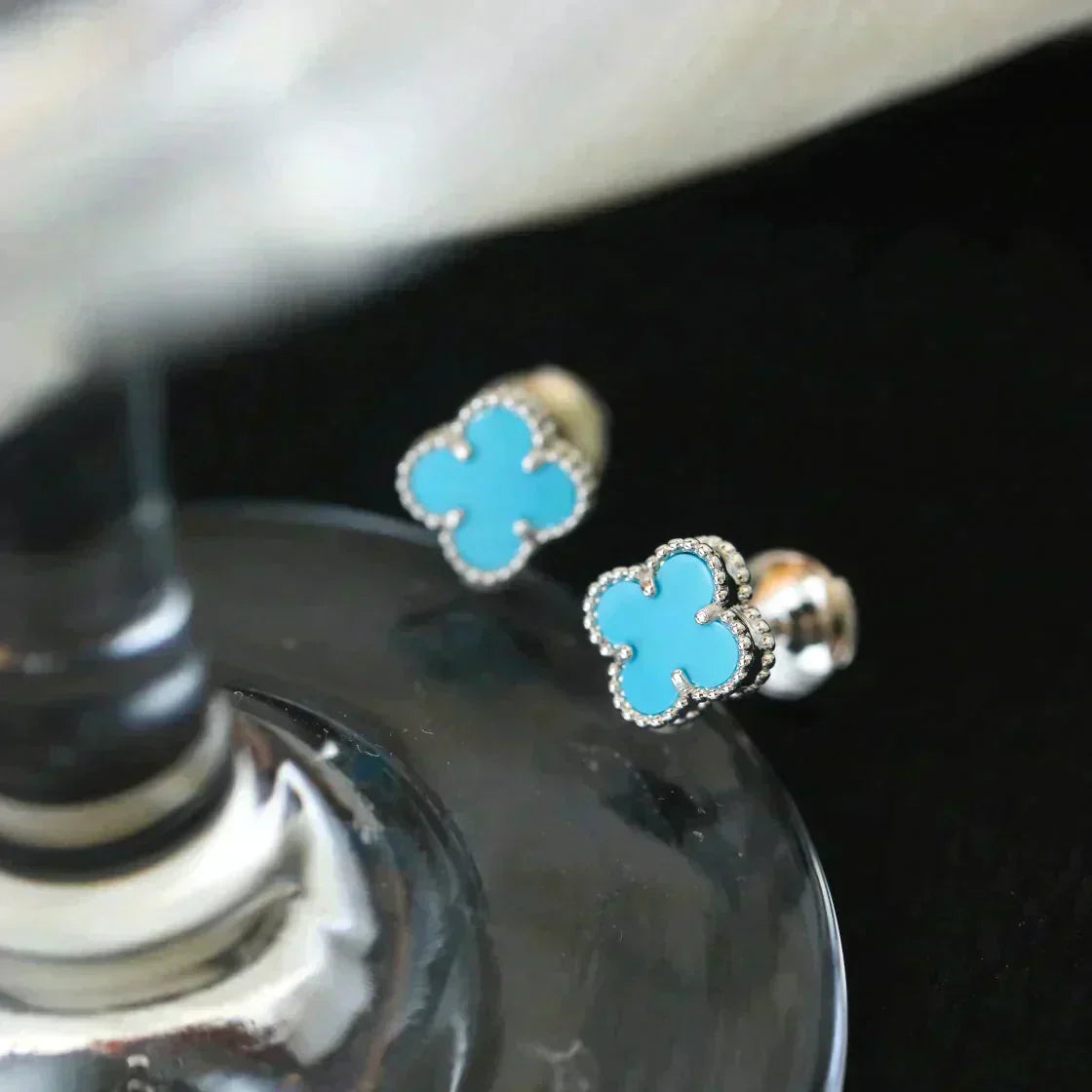 [💎ROSE💎]CLOVER MINI 9.5MM ONYX STUD EARRINGS SILVER