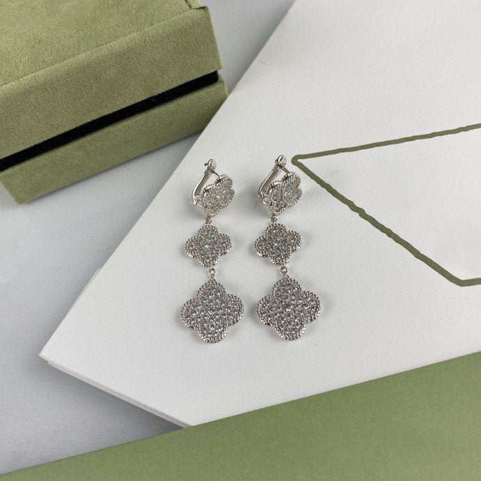 [💎ROSE💎]CLOVER 3 MOTIF DIAMOND SILVER DROP EARRINGS