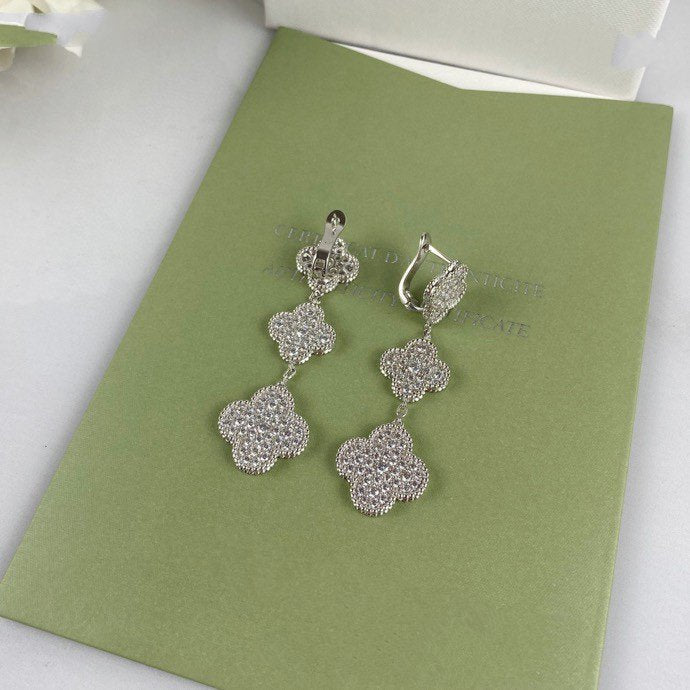 [💎ROSE💎]CLOVER 3 MOTIF DIAMOND SILVER DROP EARRINGS