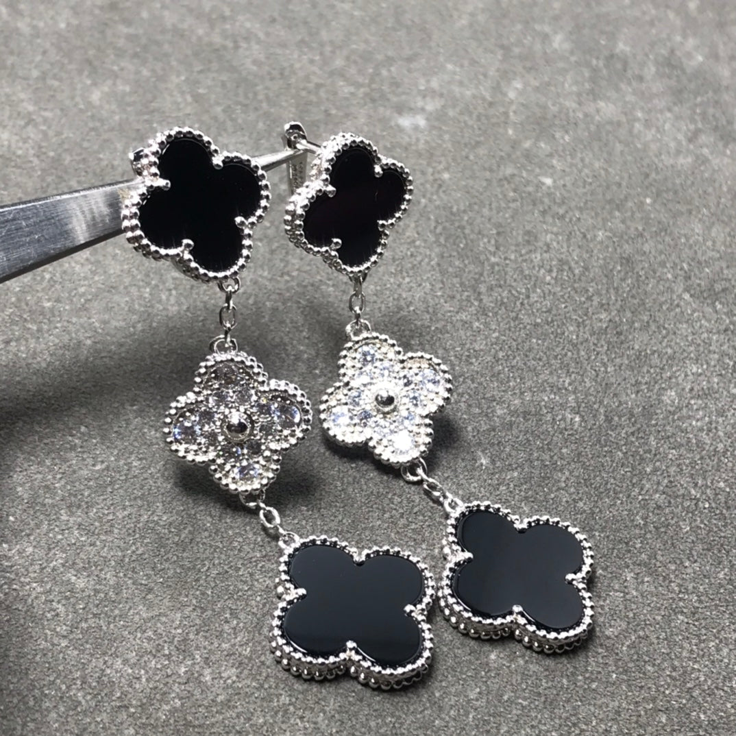[💎ROSE💎]CLOVER 3 MOTIF DIAMOND ONYX SILVER EARRINGS