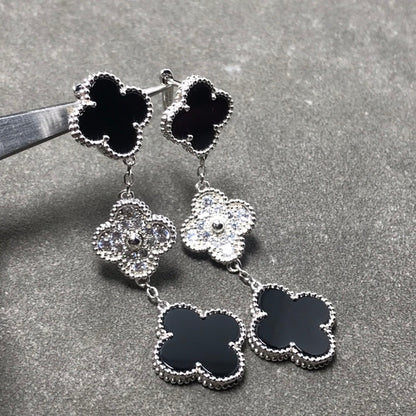 [💎ROSE💎]CLOVER 3 MOTIF DIAMOND ONYX SILVER EARRINGS