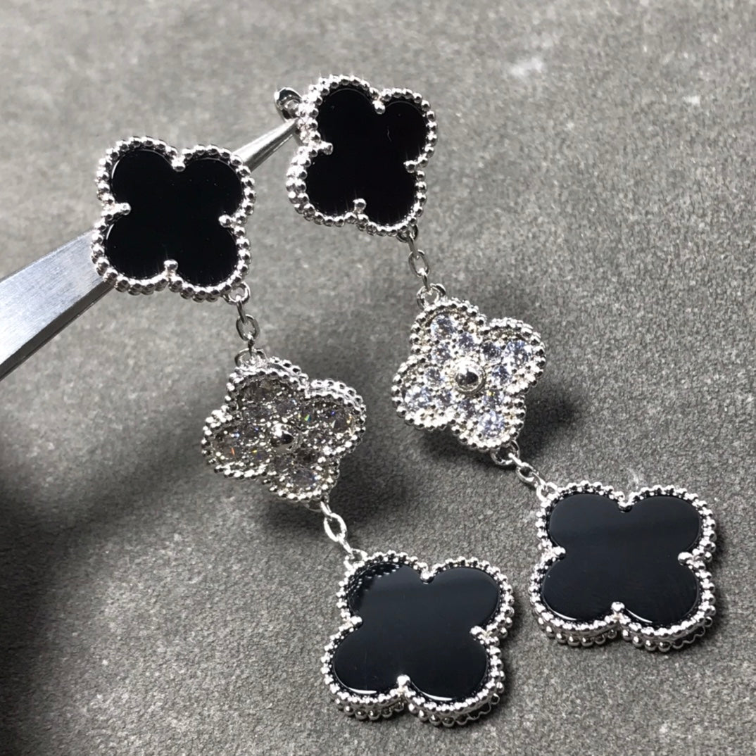 [💎ROSE💎]CLOVER 3 MOTIF DIAMOND ONYX SILVER EARRINGS