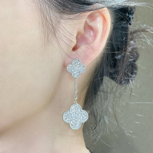 [💎ROSE💎]CLOVER 2 MOTIFS DIAMOND PAVED SILVER EARRINGS