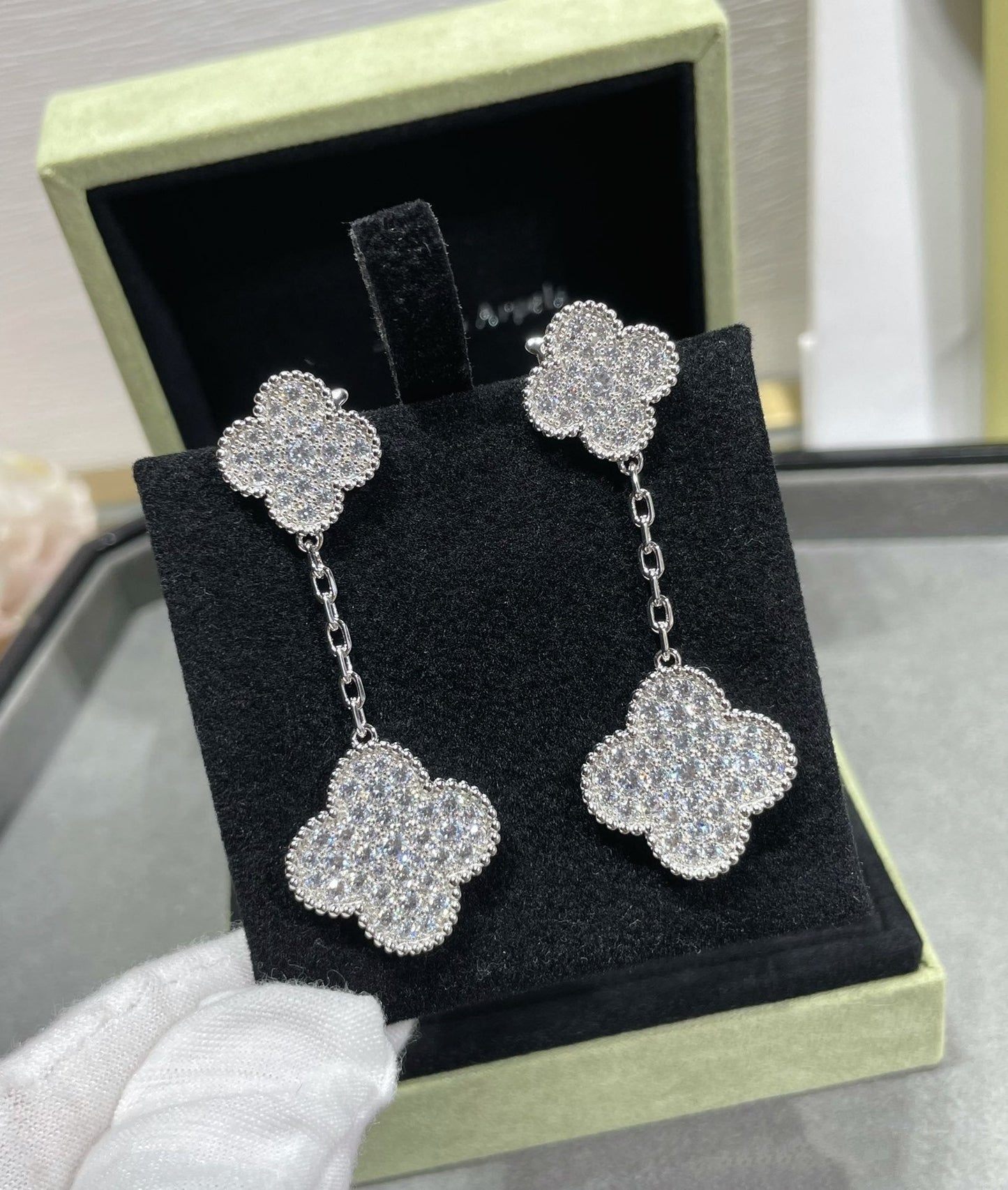 [💎ROSE💎]CLOVER 2 MOTIFS DIAMOND PAVED SILVER EARRINGS