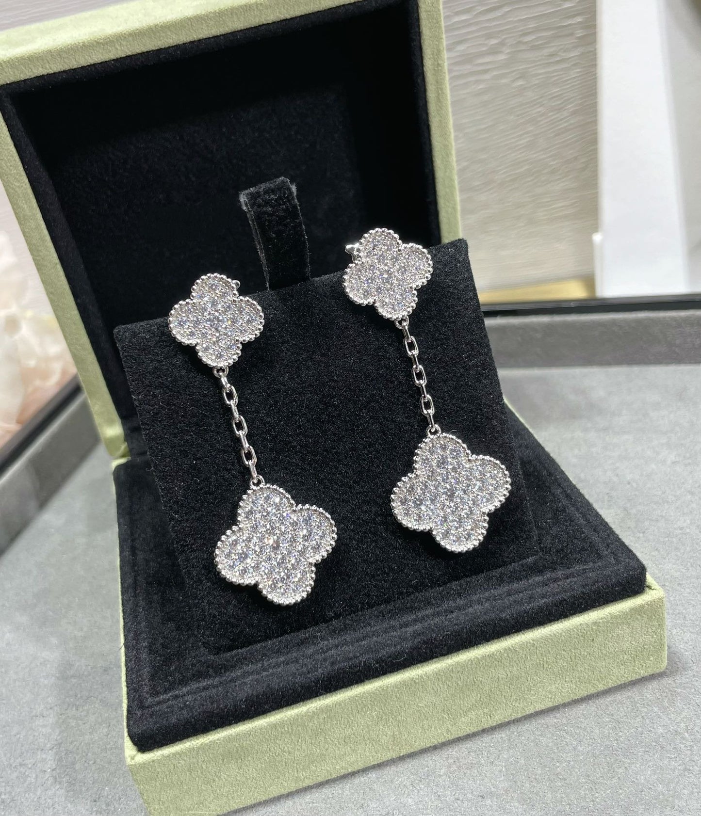[💎ROSE💎]CLOVER 2 MOTIFS DIAMOND PAVED SILVER EARRINGS
