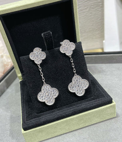 [💎ROSE💎]CLOVER 2 MOTIFS DIAMOND PAVED SILVER EARRINGS