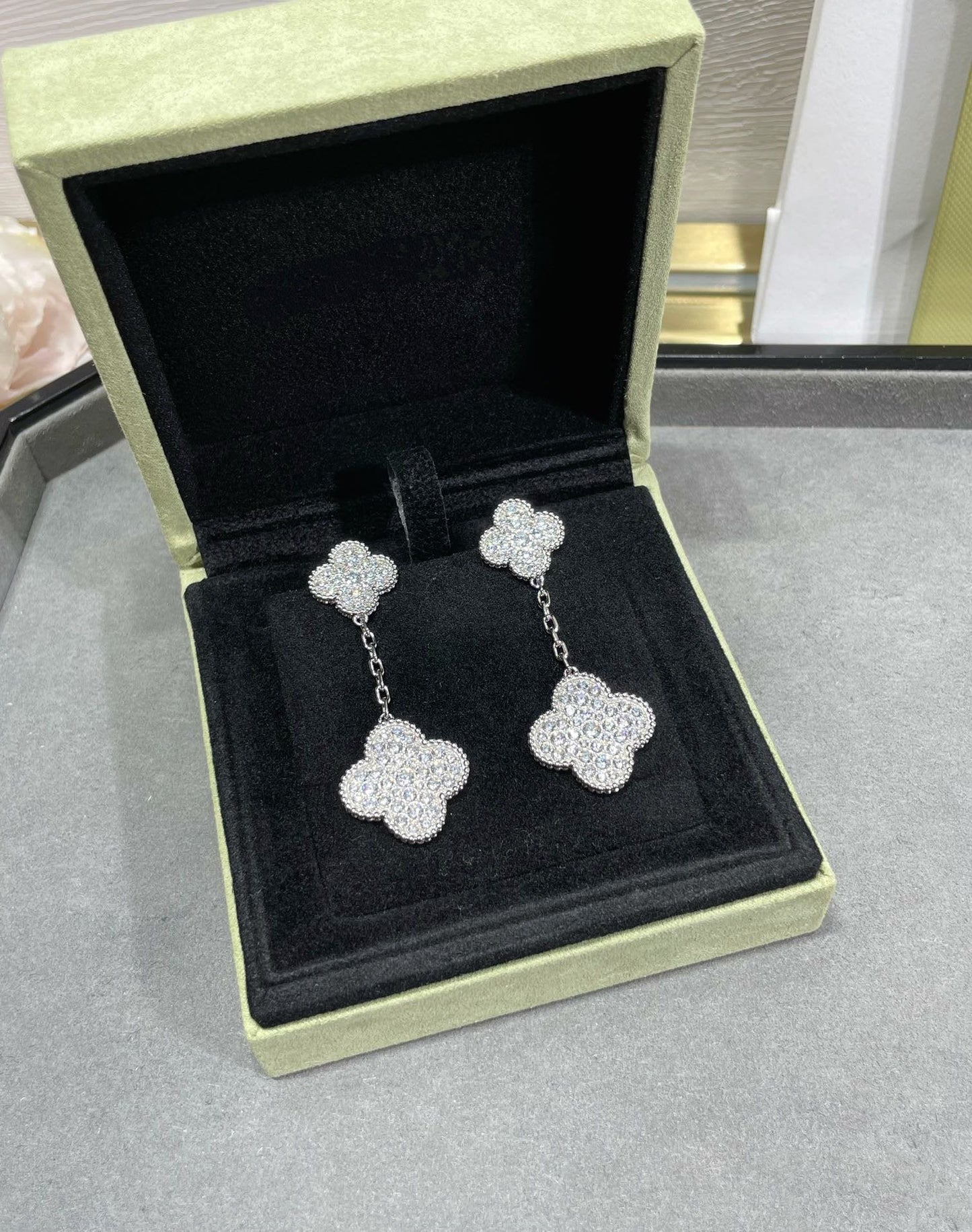 [💎ROSE💎]CLOVER 2 MOTIFS DIAMOND PAVED SILVER EARRINGS