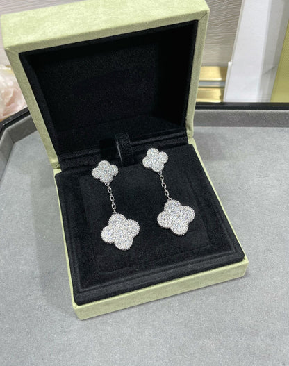 [💎ROSE💎]CLOVER 2 MOTIFS DIAMOND PAVED SILVER EARRINGS