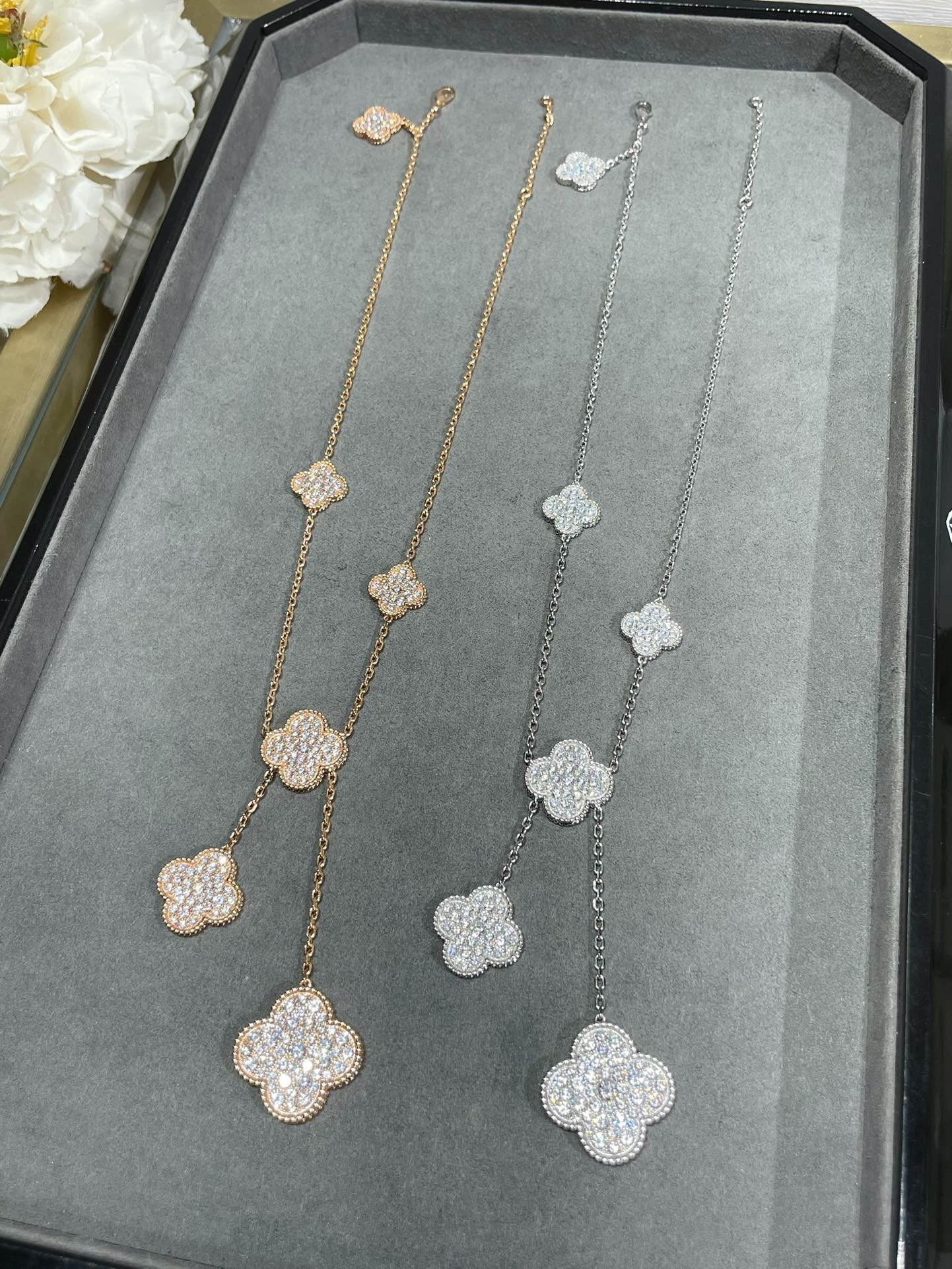 [💎ROSE💎]CLOVER 6 MOTIF DIAMOND PAVED NECKLACE