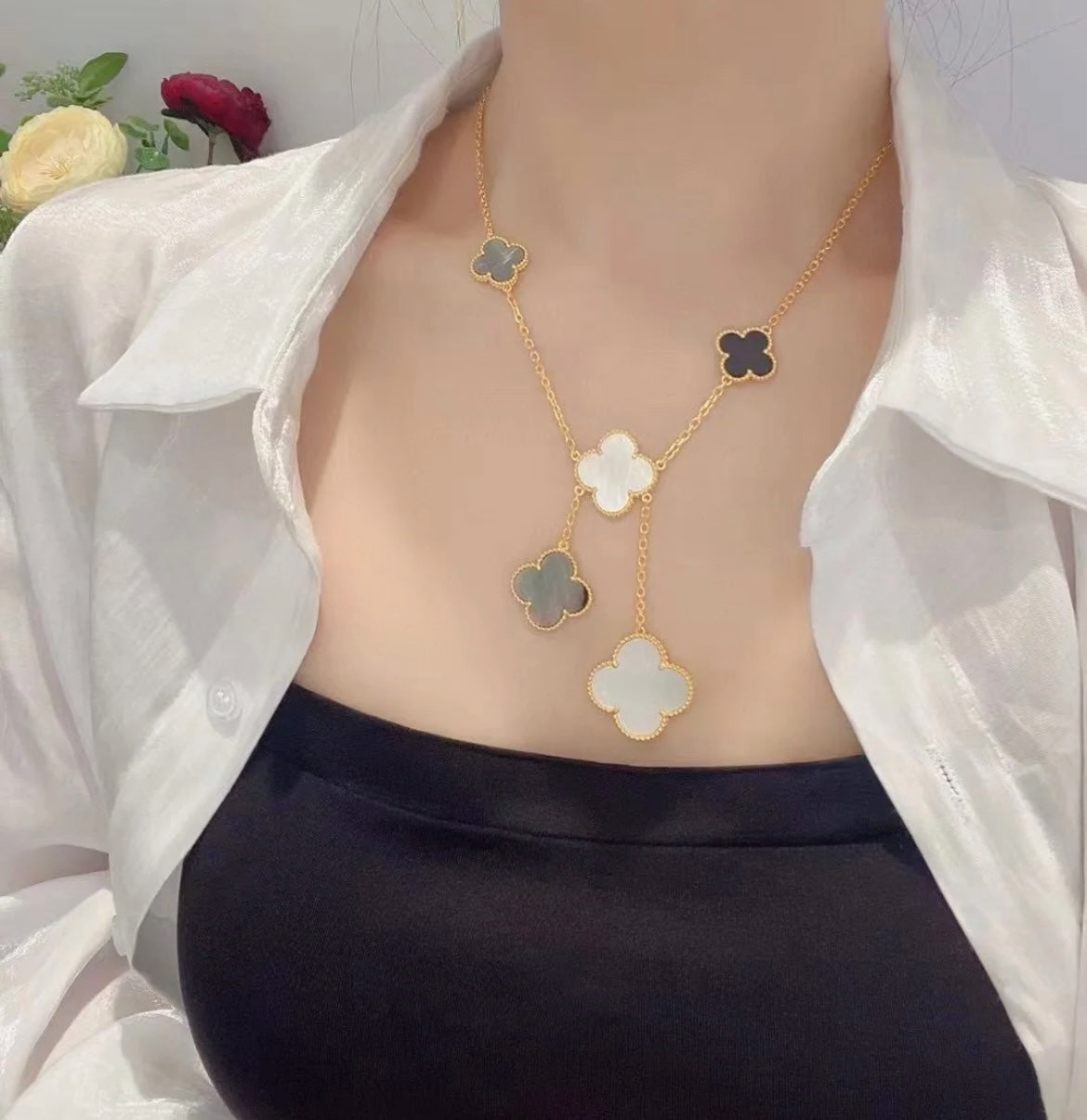 [💎ROSE💎]CLOVER 6 MOTIF MOP ONYX GOLD NECKLACE