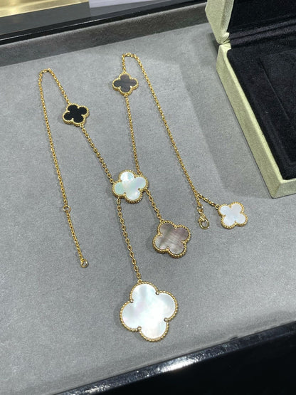 [💎ROSE💎]CLOVER 6 MOTIF MOP ONYX GOLD NECKLACE
