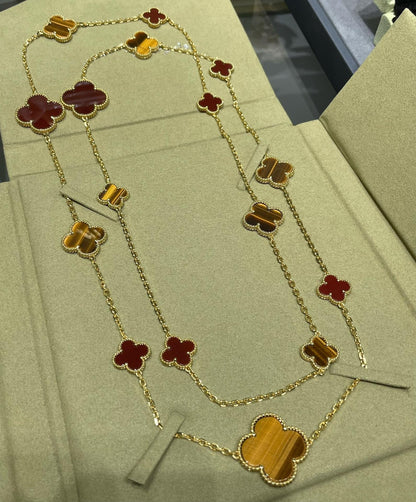 [Rose Tomorrow]CLOVER 16 MOTIF CARNELIAN TIGER EYE ROSE GOLD NECKLACE