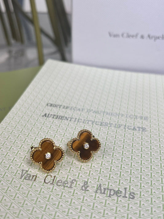 [Rose Jewelry]CLOVER MEDIUM 1 MOTIFS TIGER EYE  DIAMOND  EARRINGS