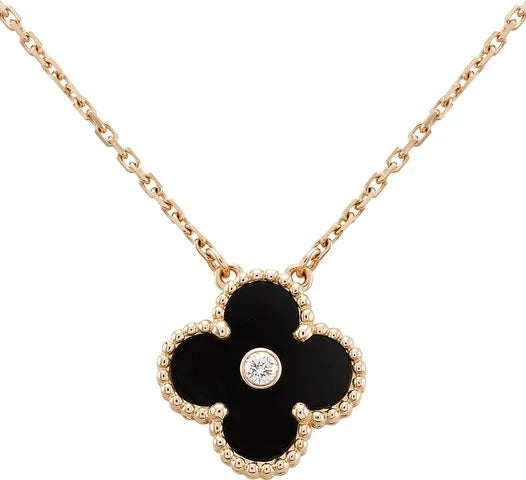 [Rose Jewelry]CLOVER 15MM DIAMOND ONYX NECKLACE
