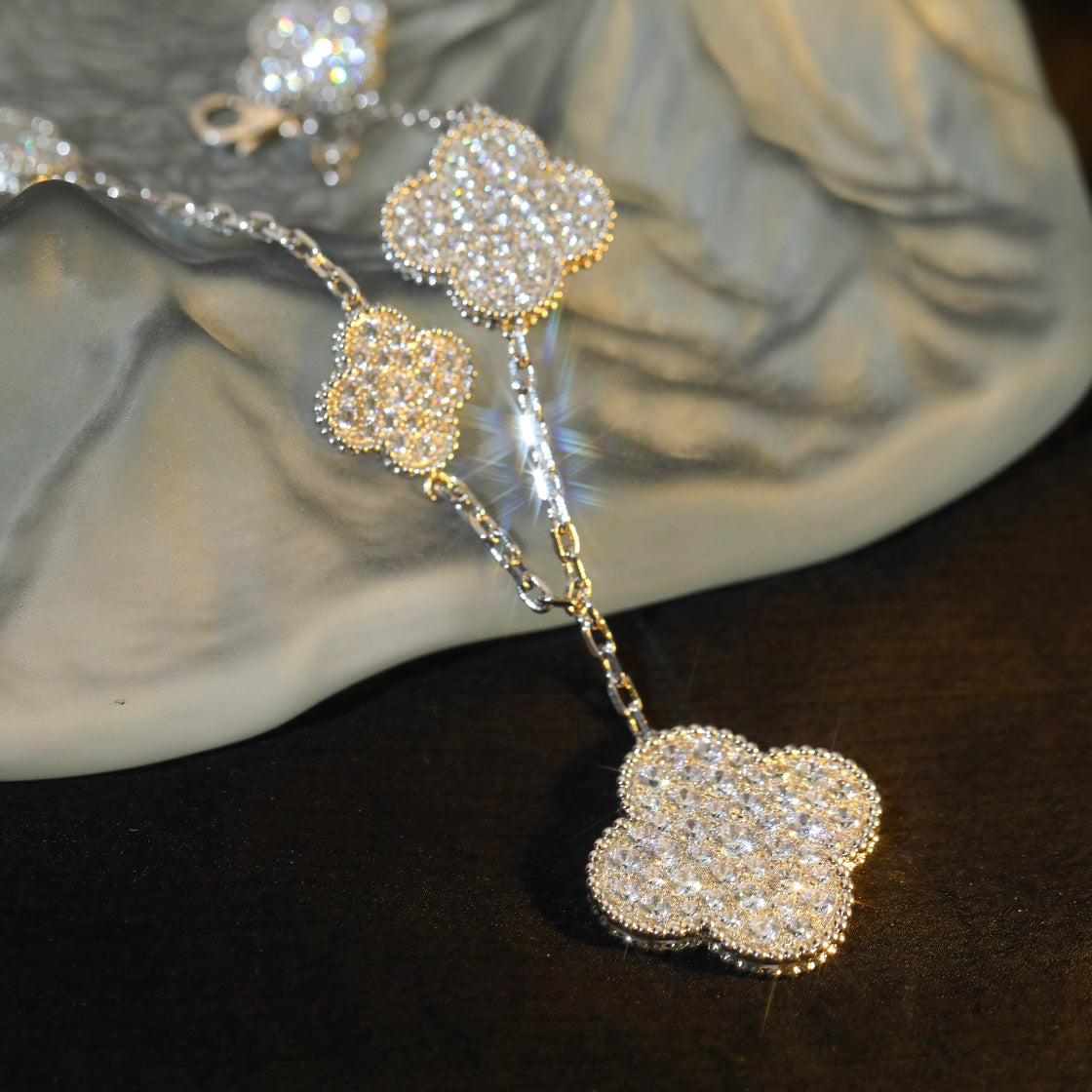 [💎ROSE💎]CLOVER BRACELET 5 MOTIF SILVER DIAMOND PAVED