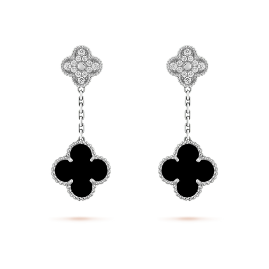 [💎ROSE💎]CLOVER 2 MOTIFS  DIAMOND ONYX EARRINGS SILVER