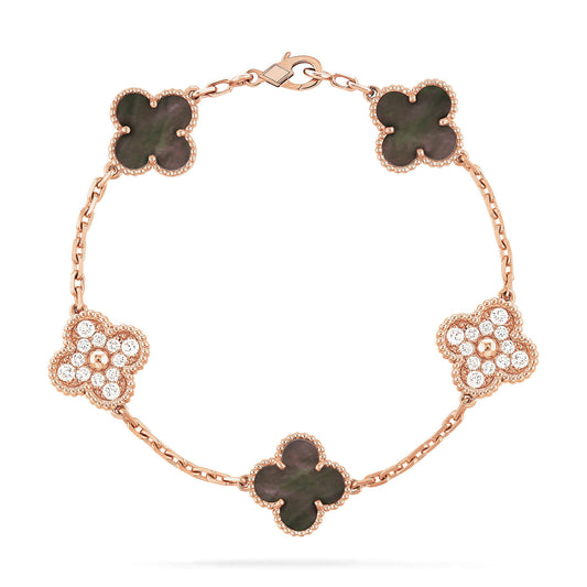[Rose Jewelrys]CLOVER 5 MOTIFS DARK MOP AND DIAMONDS PINK GOLD BRACELET