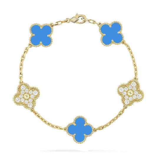 [Rose Jewelrys]CLOVER 5 MOTIF BLUE CHALCEDONY DIAMOND GOLD BRACELET