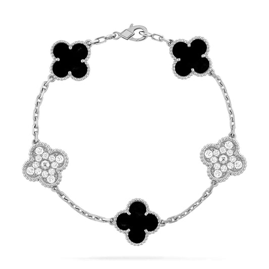 [Rose Jewelrys]CLOVER 5 MOTIF ONYXS DIAMOND BRACELET SILVER