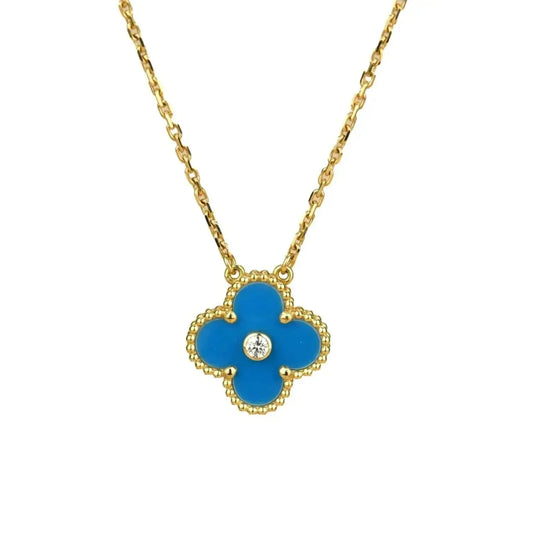 [💎ROSE💎]CLOVER 15MM DIAMOND AND BLUE AGATE NECKLACE