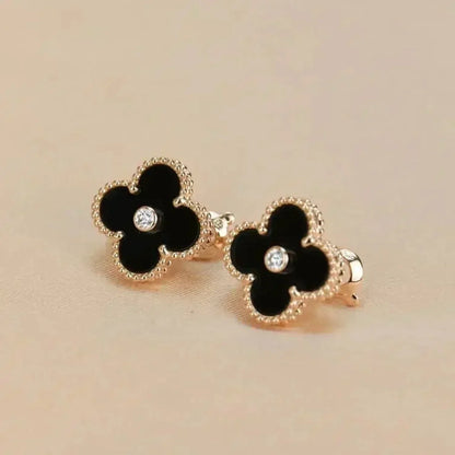 [💎ROSE💎]CLOVER MEDIUM 1 MOTIFS ONYX DIAMOND EARRINGS
