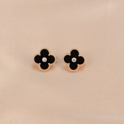[💎ROSE💎]CLOVER MEDIUM 1 MOTIFS ONYX DIAMOND EARRINGS