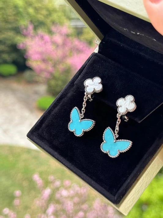 [Rose Tomorrow] BUTTERFLY DOUBLE MOTIF WHITE MOTHER OF PEARL AND TURQUOISE EARRINGS