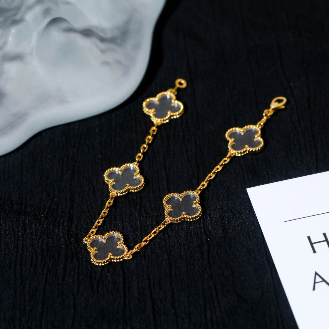 [Rose Tomorrow]CLOVER 5 MOTIF ROCK CRYSTAL PINK GOLD BRACELET