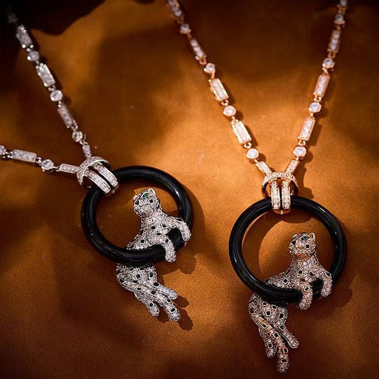 [Rose Tomorrow]NEW BLACK CIRCLE PANTHER FULL DIAMOND NECKLACE