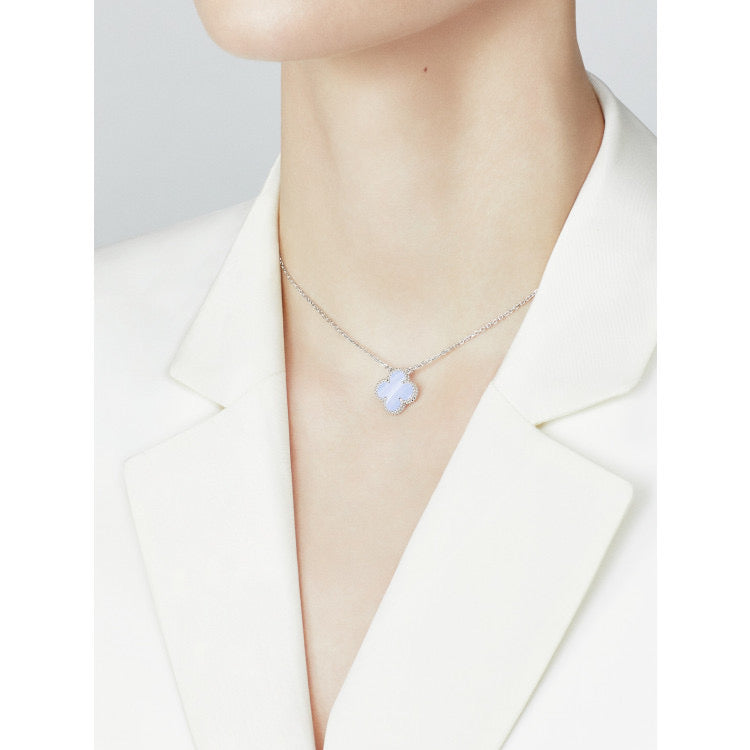 [💎ROSE💎]CLOVER 15MM BLUE CHALCEDONY NECKLACE SILVER