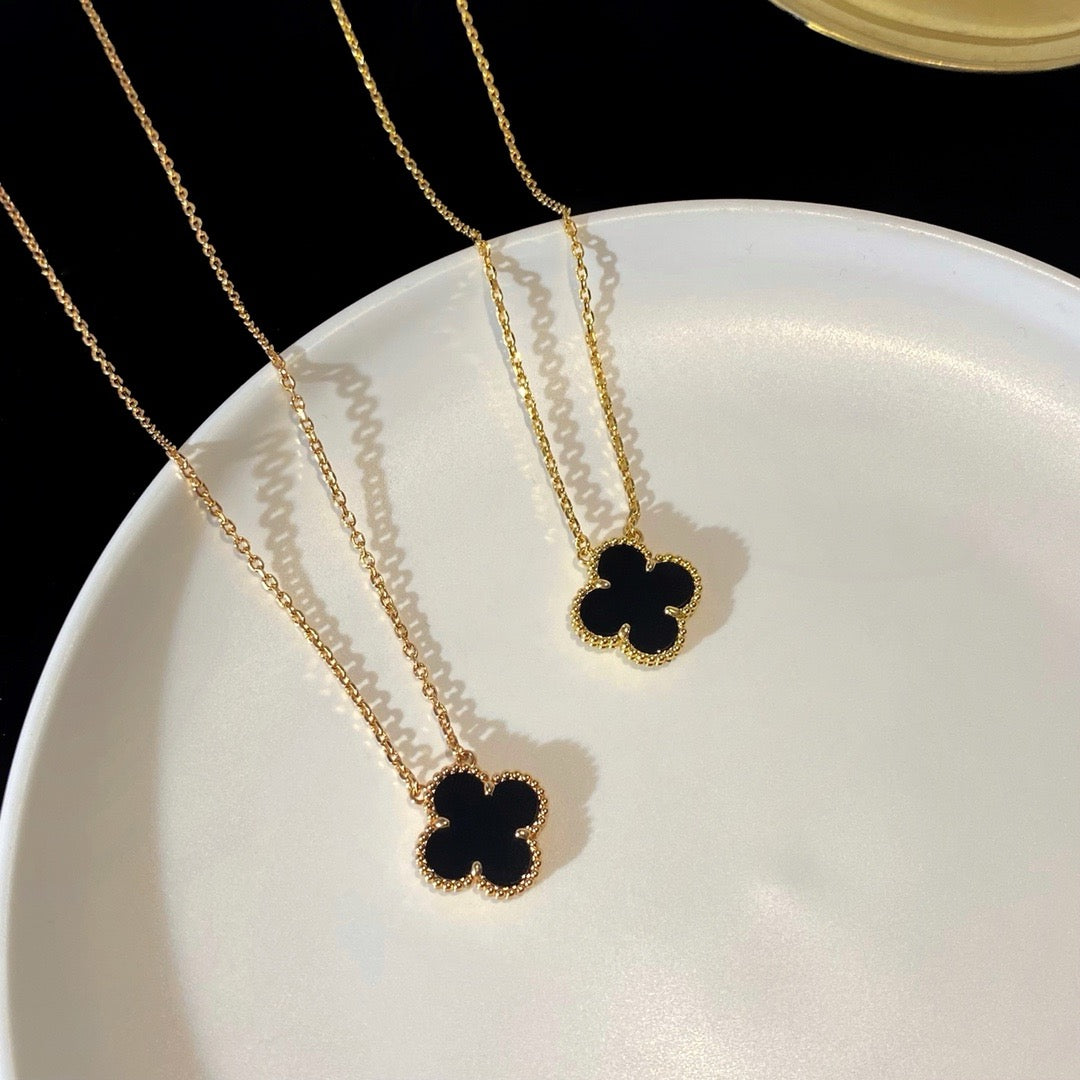 [💎ROSE💎]CLOVER 15MM BLACK ONYX SINGLE FLOWER NECKLACE