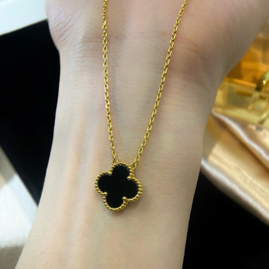 [💎ROSE💎]CLOVER 15MM BLACK ONYX SINGLE FLOWER NECKLACE