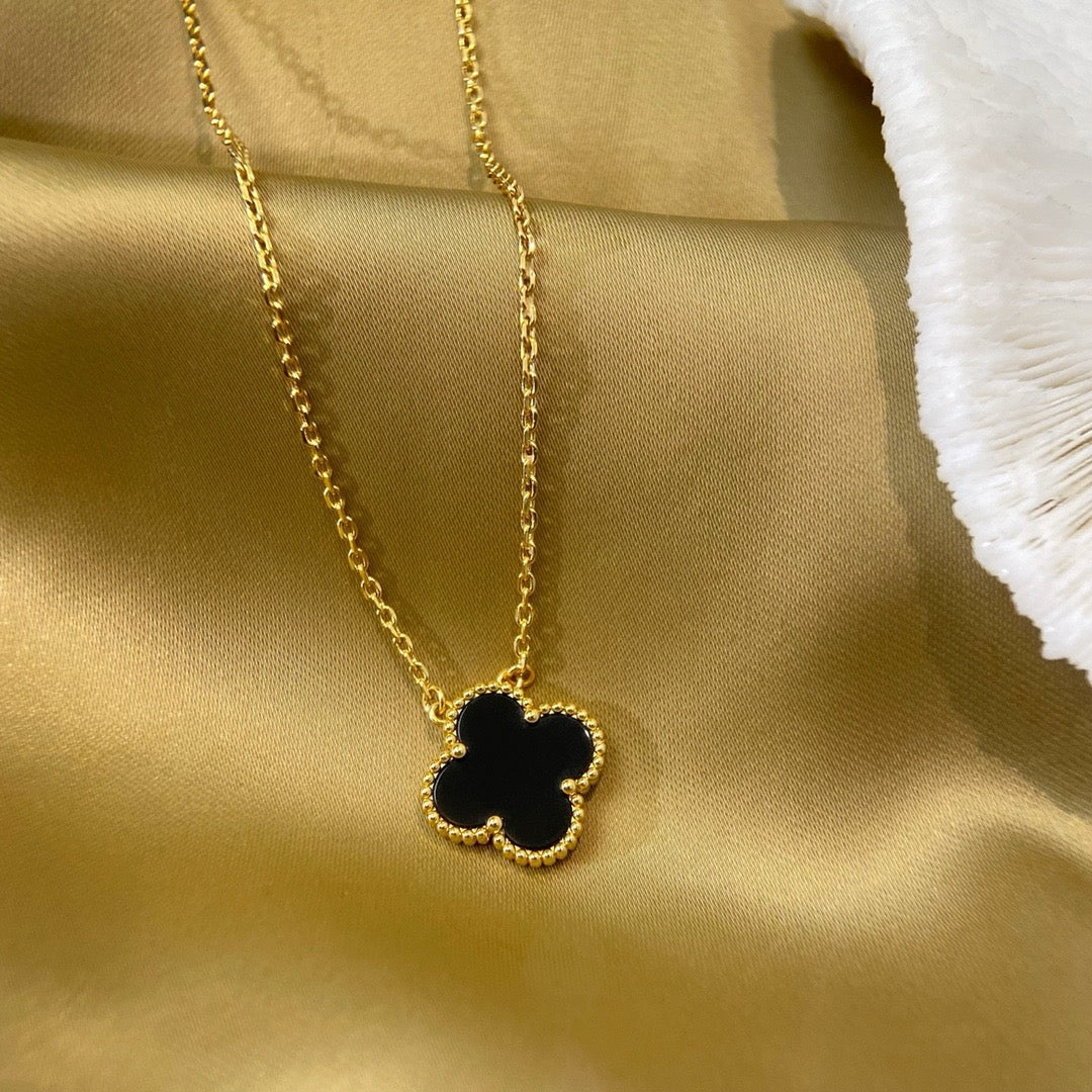 [💎ROSE💎]CLOVER 15MM BLACK ONYX SINGLE FLOWER NECKLACE